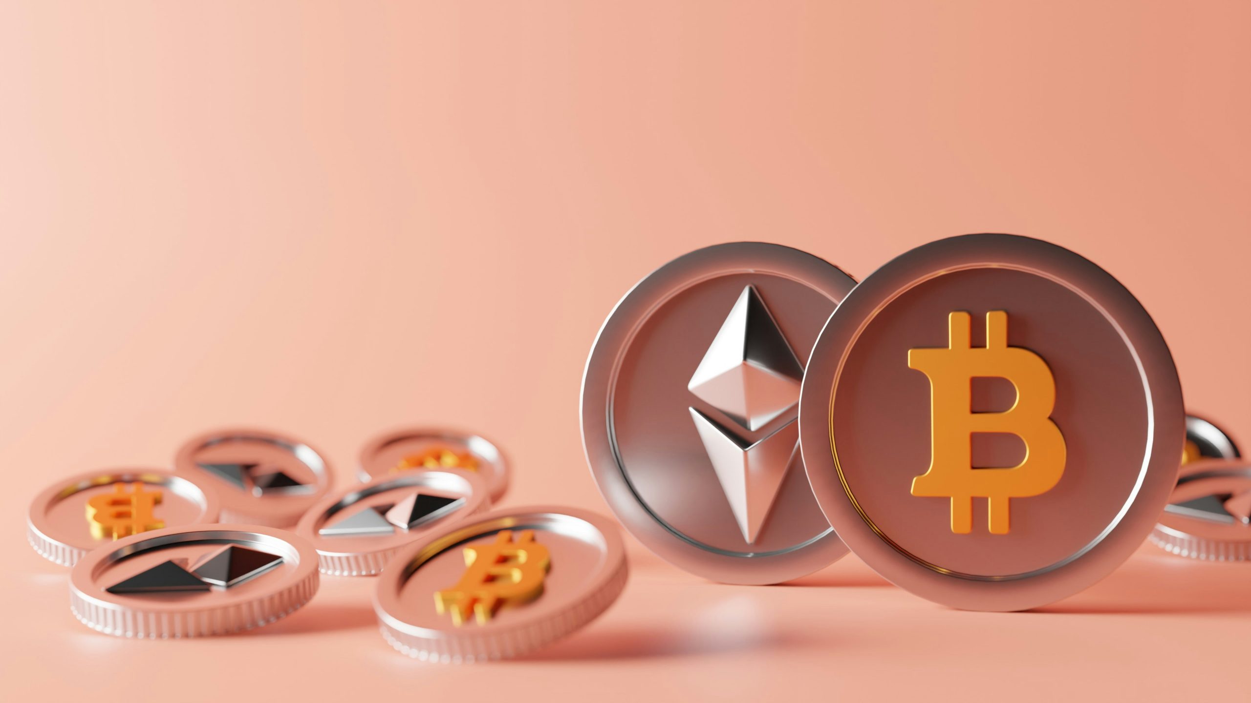 coins symbolising Ethereum and Bitcoin against a light pink background