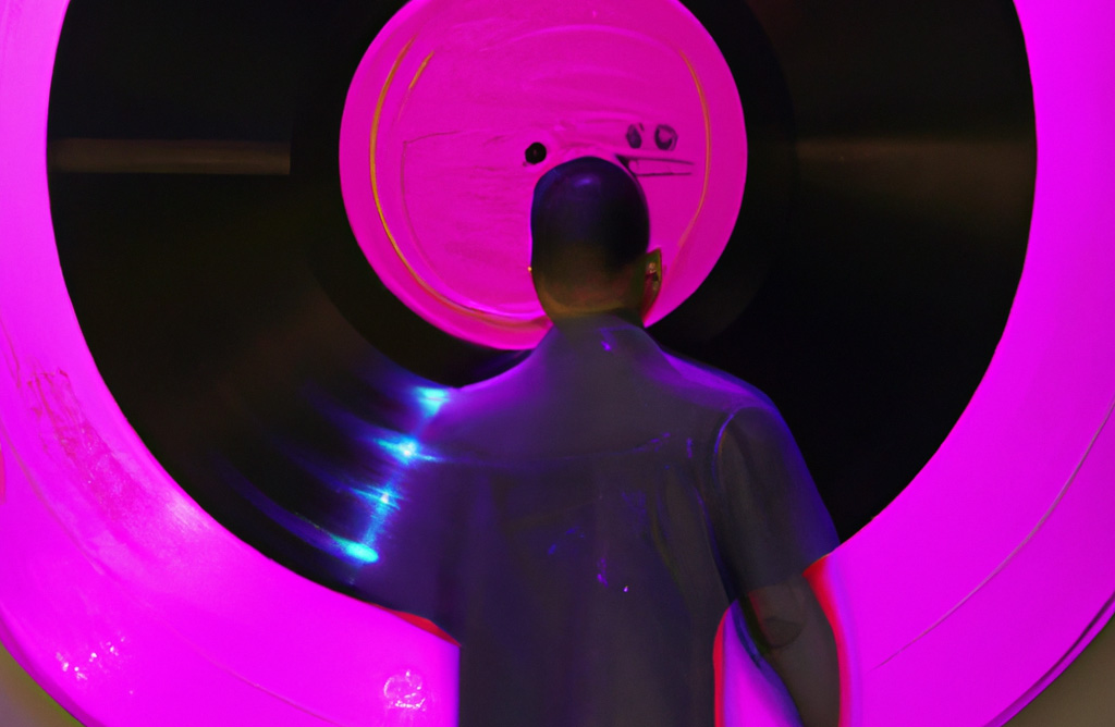 a male figure looking at a cd with a pink background