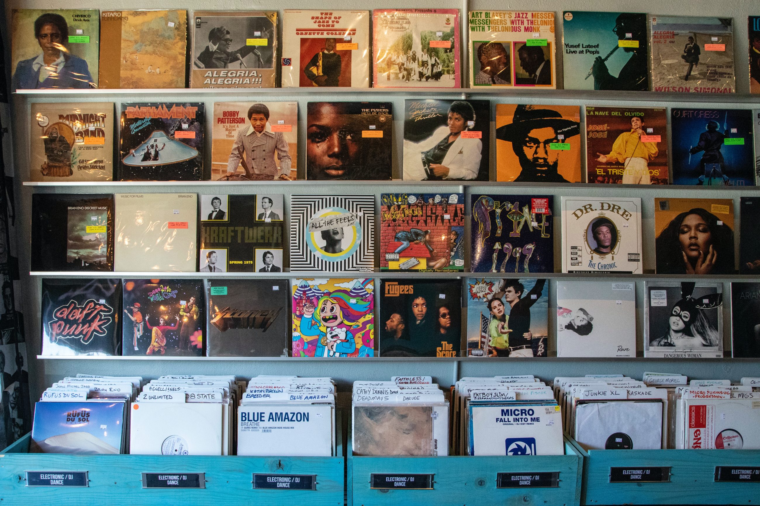 vinyl records at a record store after physical distribution