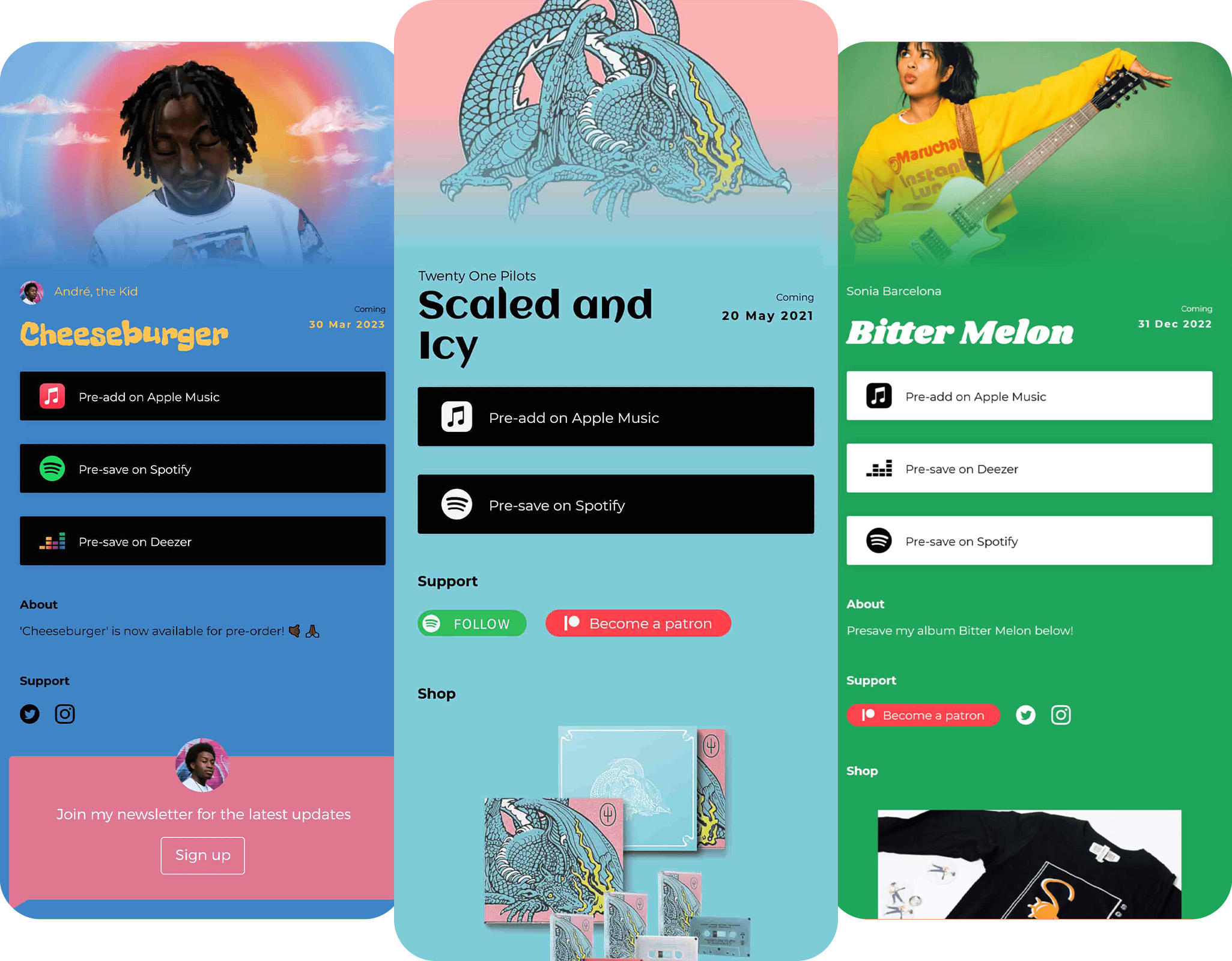 A screenshot displaying Spotify pre-save link landing pages. The image shows multiple web pages with vibrant visuals and text. 