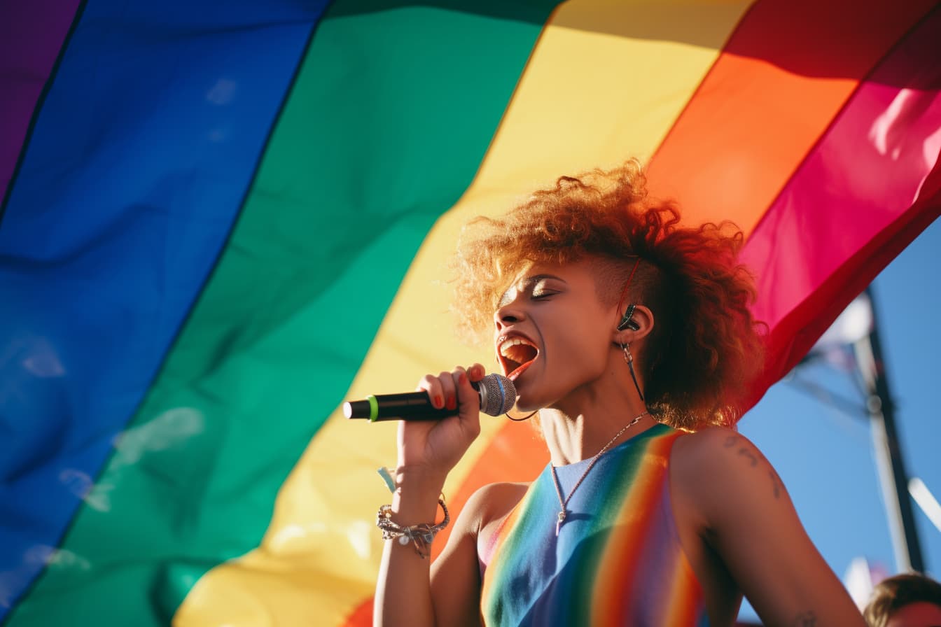 LGBTQ+ musician/queer artist performing on a stage with rainbow flags