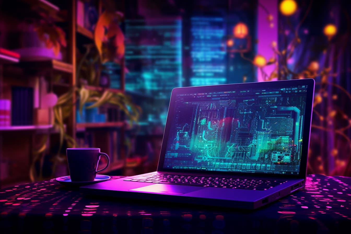 laptop with codes in a neon, futuristic cafe