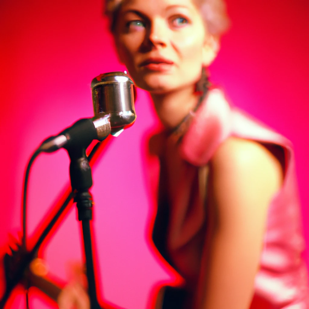 blonde woman with short hair with an old-school microphone in front of her against a pink background.