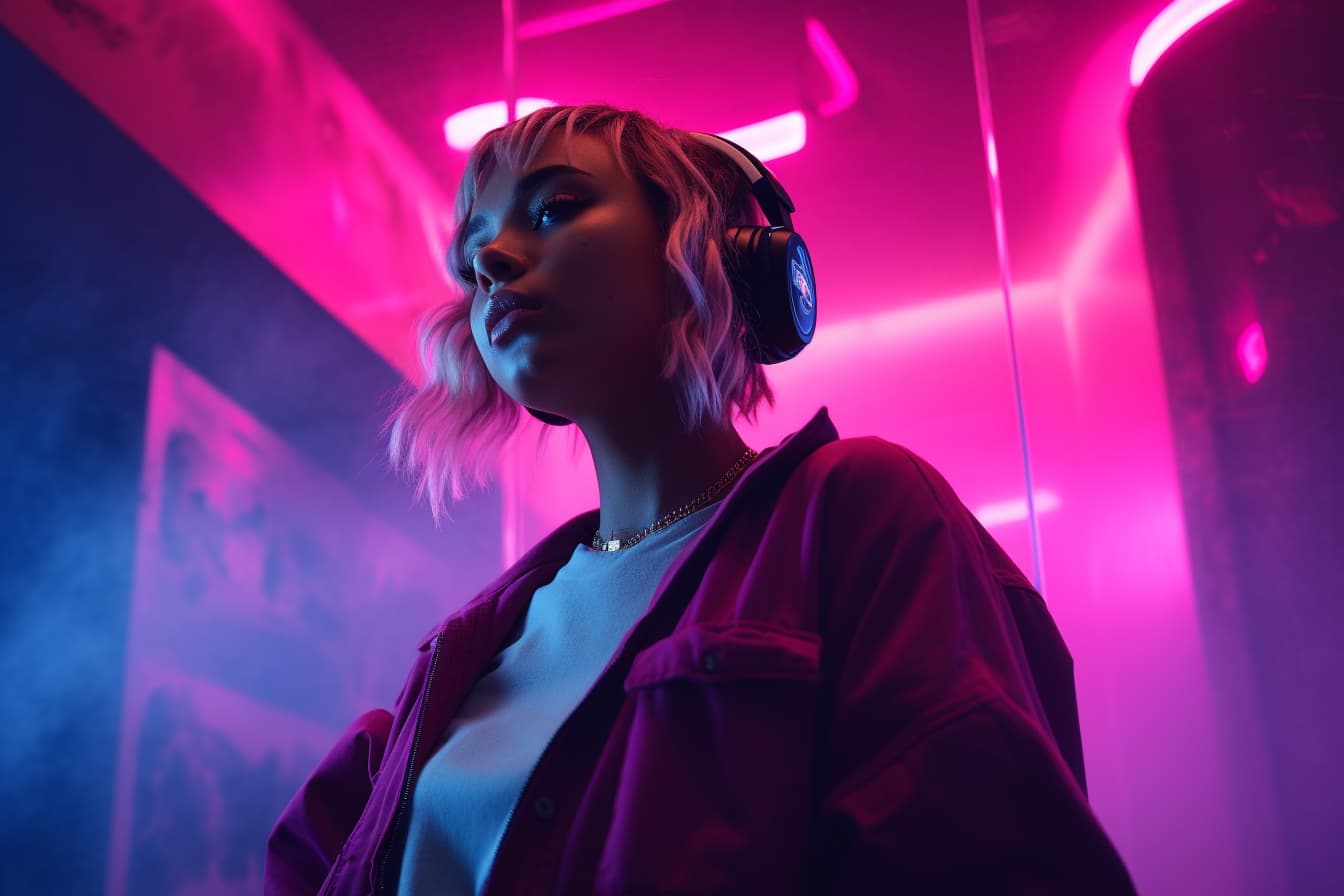 girl with headphones at the forefront with a pink neon background