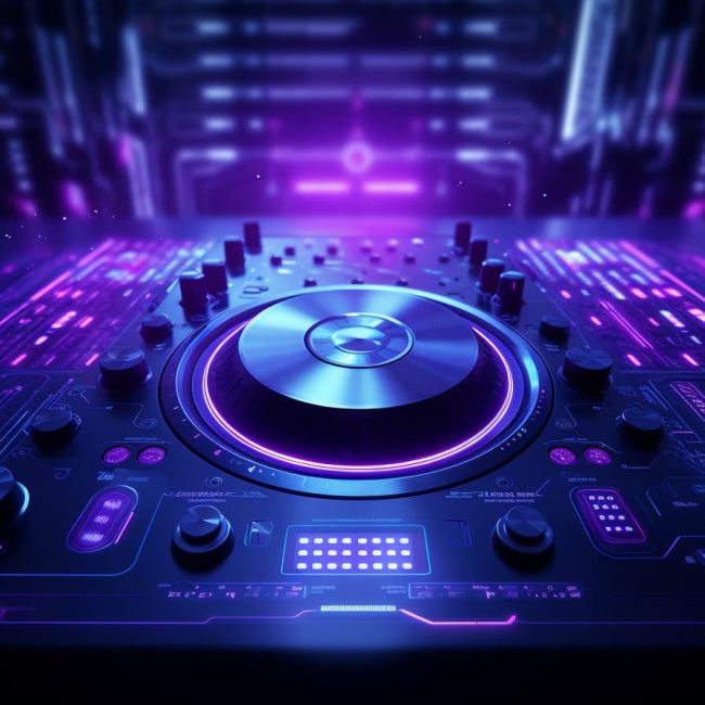 DJ controller with purple lights and turntable for music mixing.