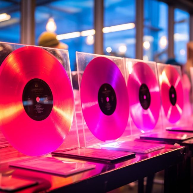 A display of pink vinyl records lined up in a row.