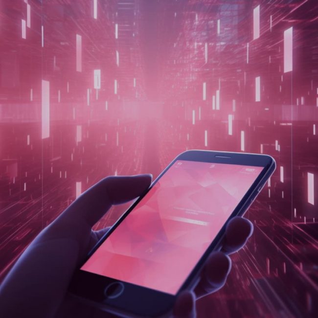a hand holding a smartphone with a futuristic pinkish background