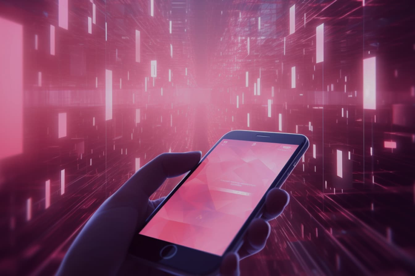a hand holding a smartphone with a futuristic pinkish background