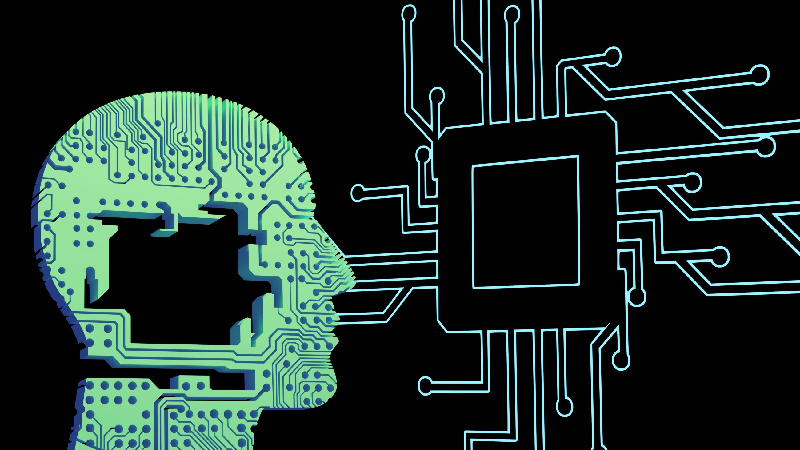 A person's head with a circuit board in front of it, representing AI tools